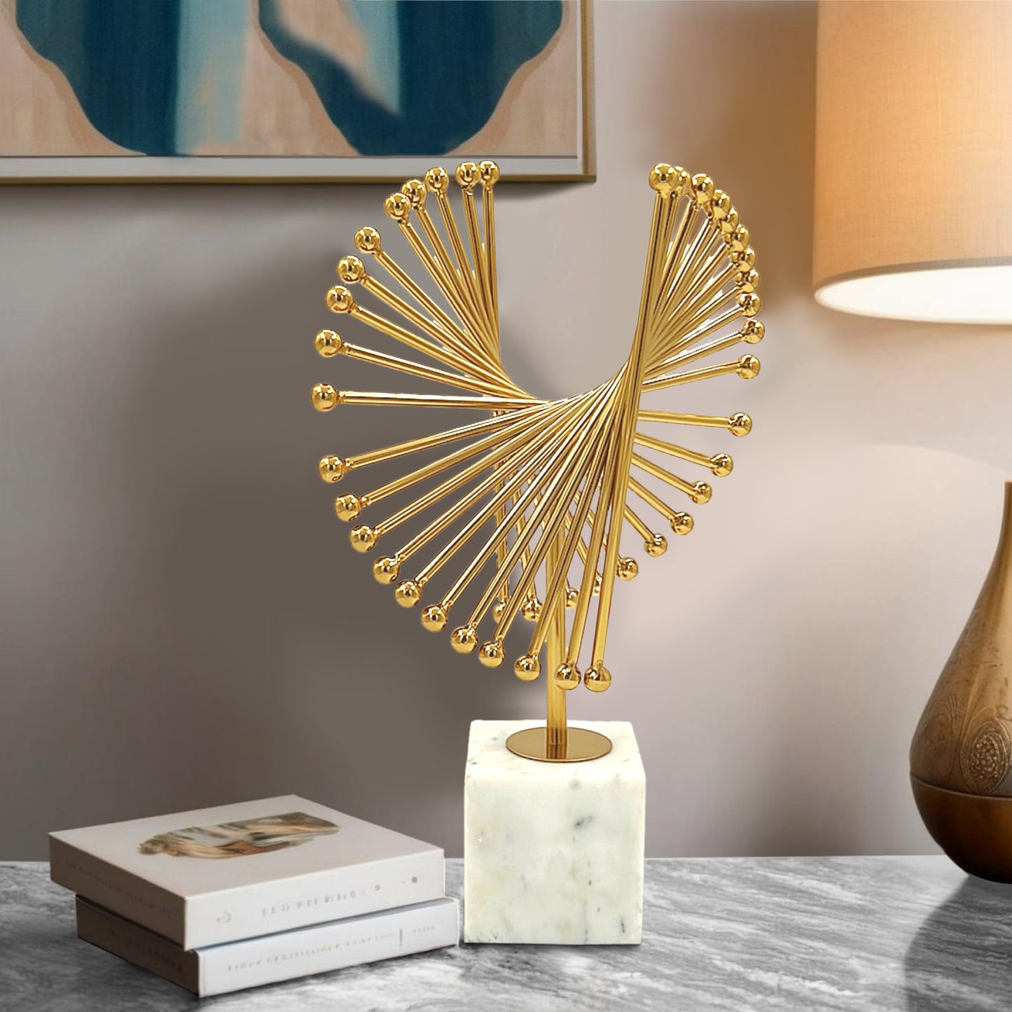 Abstract Iron Decor With Marble Base In Gold Finish